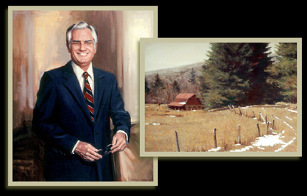 A portrait painting and winter landscape painting by Harold Davis